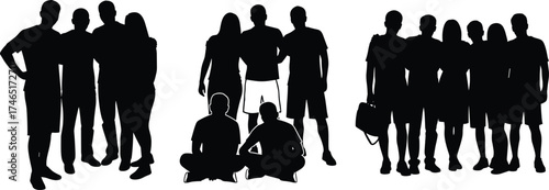 Silhouette people group, social interaction, diverse poses, teamwork unity, community gathering, human connection, standing sitting mix, lifestyle concept, abstract crowd illustration