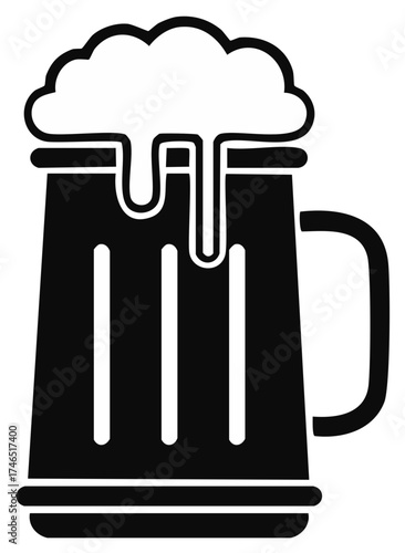 Black vector icon of a frothy beer mug with an overflowing foam head.