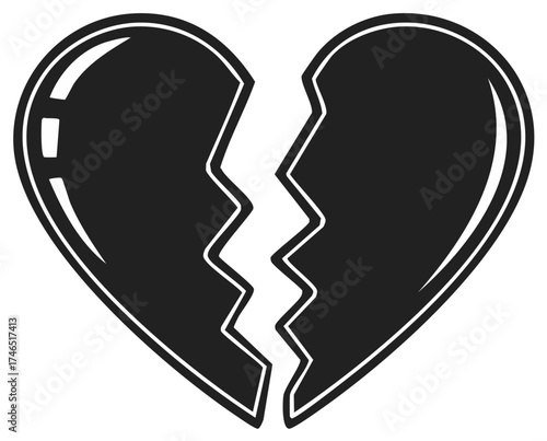 Black Broken Heart Silhouette Icon - Relationship Breakup Symbol, Illustration