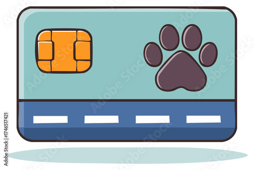 Light blue cartoon pet care credit card with animal paw print and microchip flat illustration