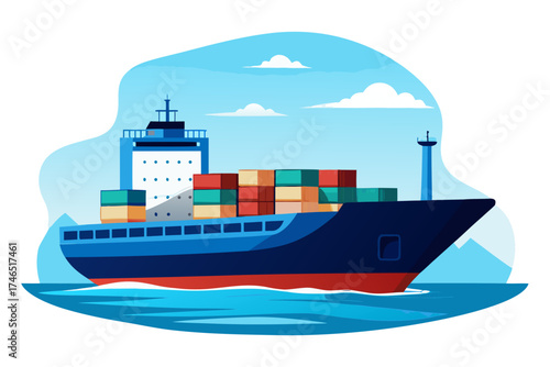 Vector illustration of a container ship silhouette sailing across calm blue sea water, symbolizing global trade, logistics, transportation, and maritime industrial commerce