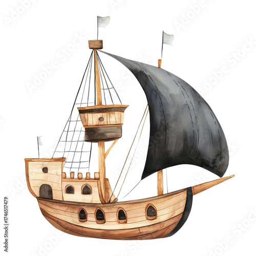 Ship with a black sail on transparent background