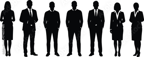 Business silhouettes, professional men and women, corporate teamwork, office diversity, standing poses, leadership, workplace unity, modern business illustration set