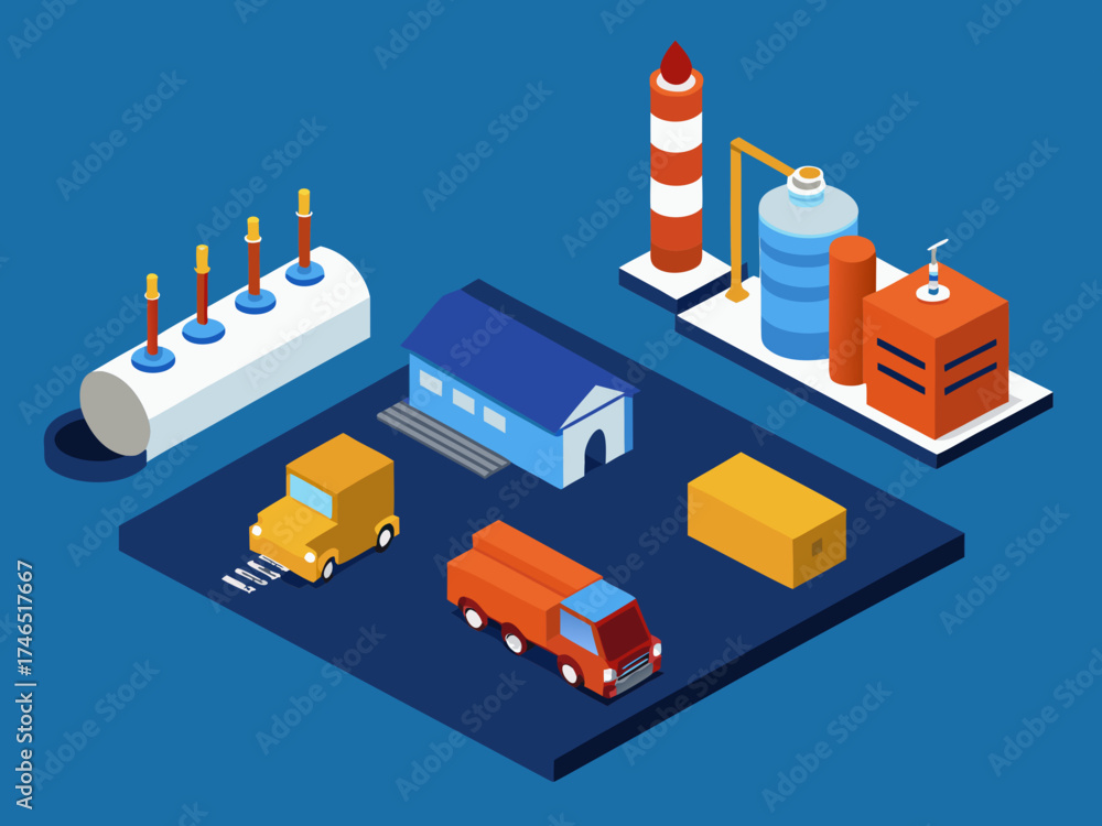 Obraz premium Isometric industrial complex with factory buildings and vehicles