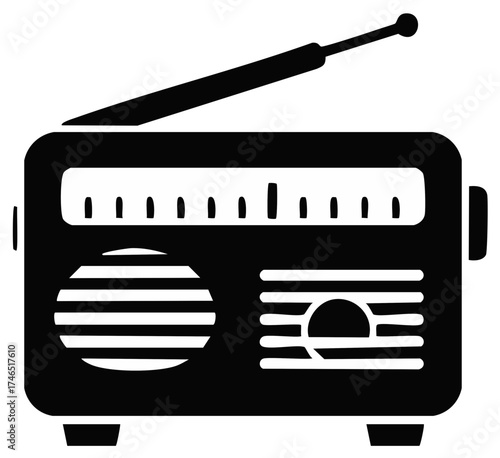 Retro style portable radio device black and white icon vintage electronic music player sound symbol