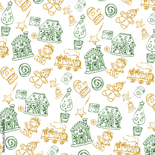Pattern con icone natalizie dorate e verdi isolate. Sfondo con alberi, casette, gingerbread, stelle, uccellini, trenino, guanto, dolciumi