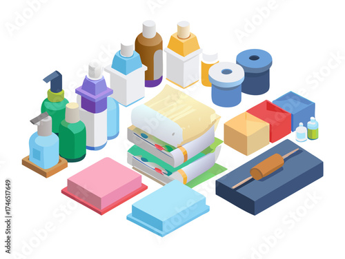 Isometric collection of various cleaning and cosmetic products