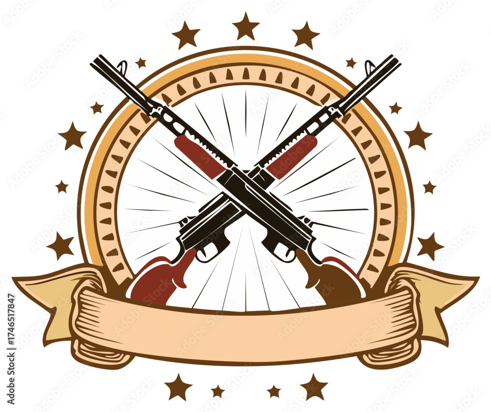 Naklejka premium Emblem featuring crossed vintage submachine guns, retro circle frame, stars and blank ribbon banner illustration