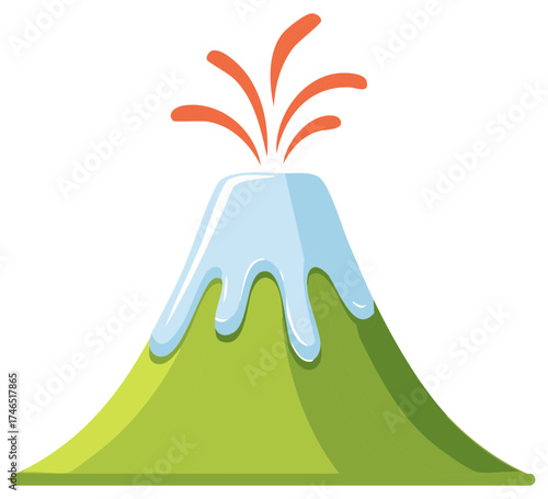 Cartoon volcano erupting with lava and snow-capped peak