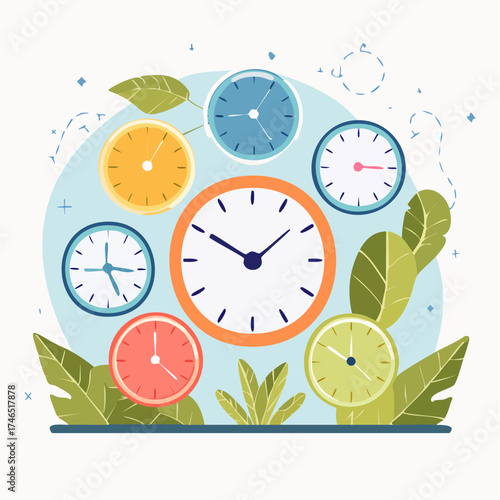 Clocks and foliage illustration depicting time management and deadlines concept