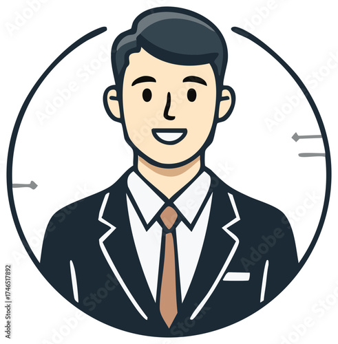 Man in business suit and tie framed by circular outline and directional arrows