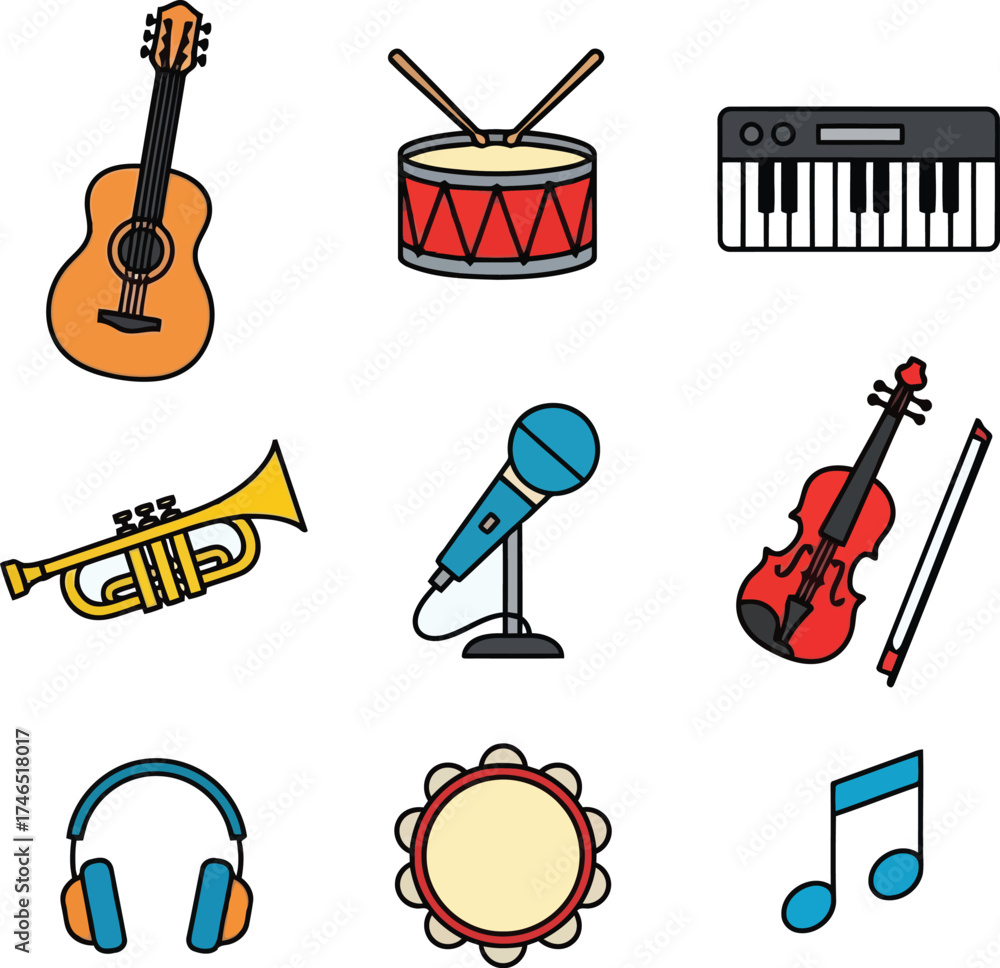 Obraz premium Musical instruments and audio equipment icons including guitar drum keyboard trumpet microphone Keywords: guitar drum keyboard trumpet microphone violin bow headphones tambourine musical note