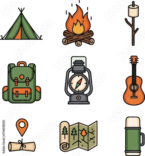 Outdoor Camping Adventure Gear Icons Featuring Tent Campfire Marshmallow Backpack Lantern Guitar Map and Thermos