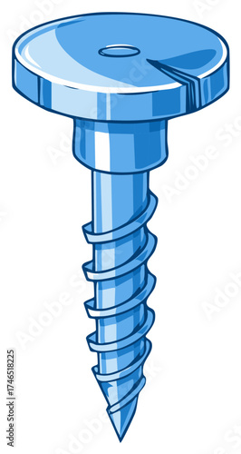 Bright Blue Slotted Head Screw Cartoon Illustration Hardware Object Building Component