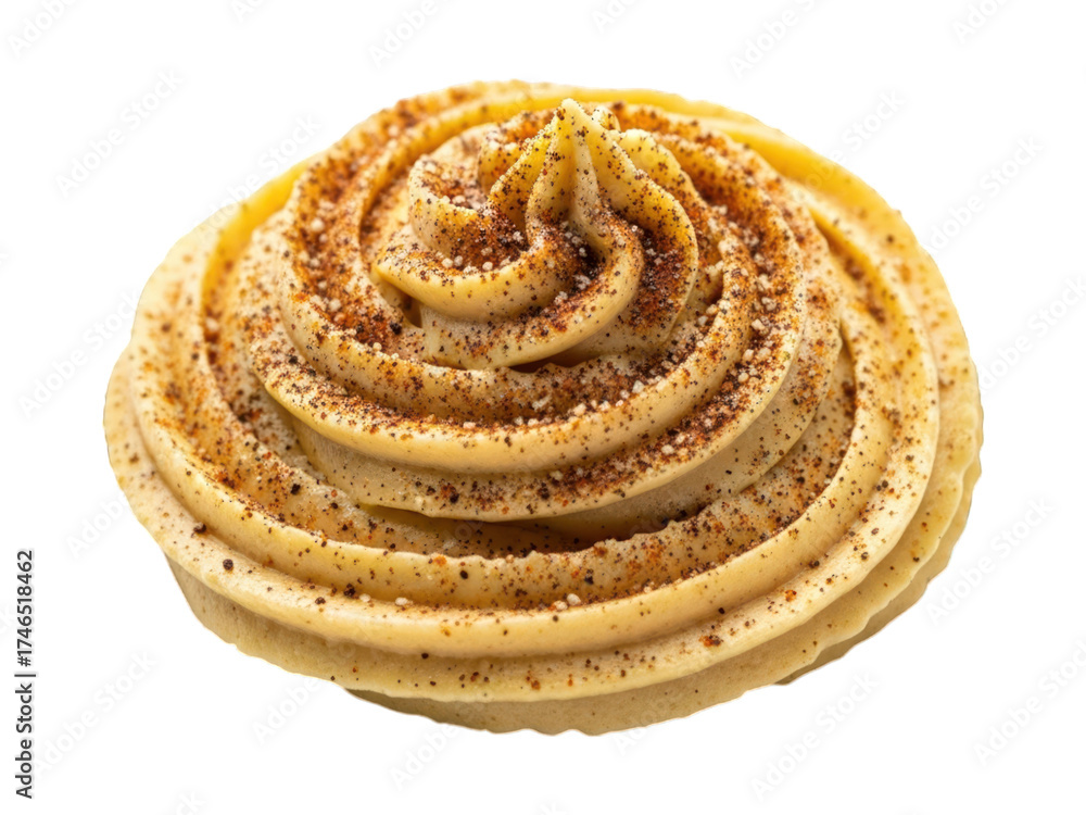 Fototapeta premium Top-down view of a swirled, tan, creamy dessert dollop with dark spice flecks