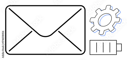 Large envelope outline, gear, and battery symbols evoke communication, email, automation tools, energy efficiency, and technology management. Ideal for productivity, workflow optimization