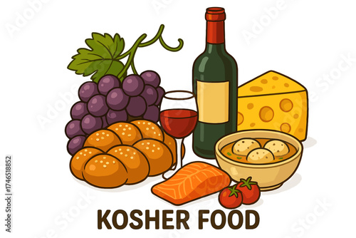Kosher food assortment with wine, cheese, grapes, and salmon