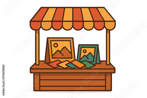 Colorful art stall displaying framed pictures in outdoor market Fair Booth
