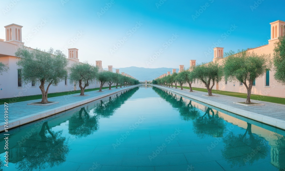 Obraz premium Long, still reflecting pool lined with olive trees, beige buildings, and clear blue sky