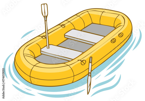 Yellow Inflatable Raft with Two Paddles in the Water Fun Summer River or Lake Adventure Vector Illustration