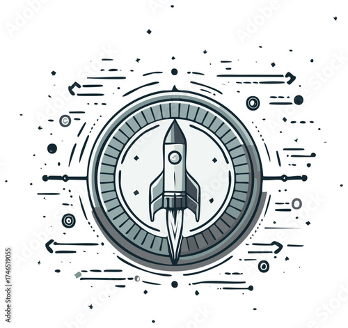 Stylish Rocket Launching from Circular Portal Surrounded by Lines and Dots