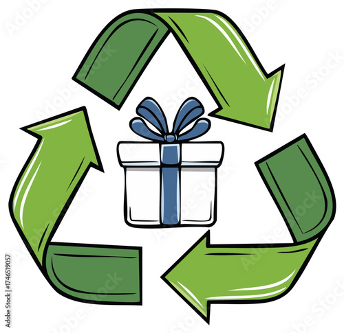Recycling symbol with gift box and bow, eco-friendly present, sustainable giving