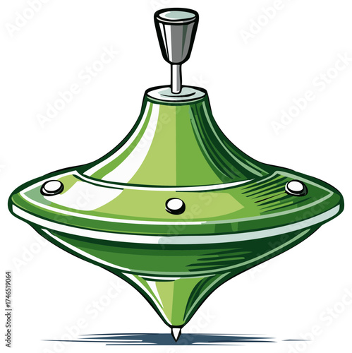 A classic green spinning top toy with chrome accents and a pointed tip