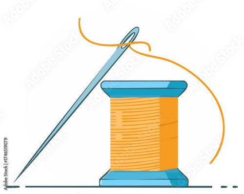 Illustration of sewing needle threading through a spool of thread, for sewing, crafts, or mending purposes.