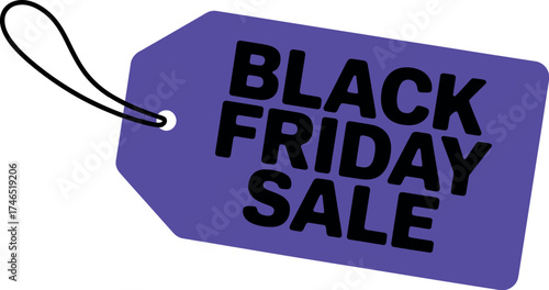 A purple tag with black friday sale written on it with a black string loop