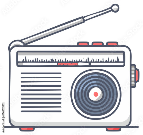 Retro radio, illustration, classic portable device, listening, entertainment.