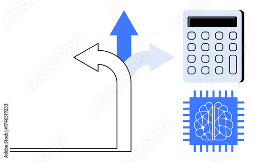 L-shaped arrow branching in two directions, calculator, neural chip symbolizing technology, logic, and machine learning. Ideal for innovation, AI, decision-making, data technology automation