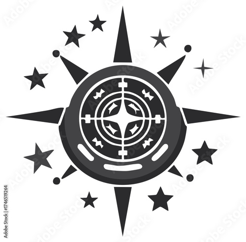 Futuristic Sci Fi compass rose with stars for celestial navigation vector illustration