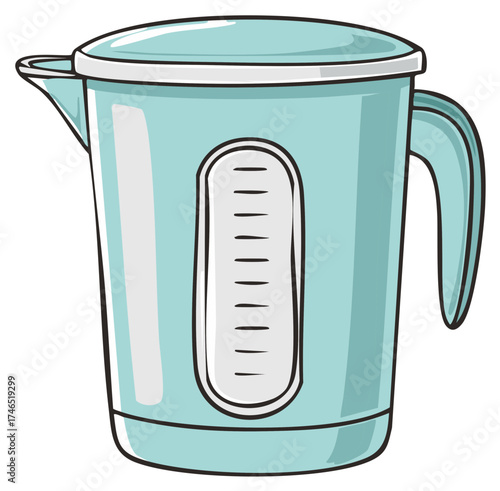 Blue electric kettle with water level indicator for boiling liquid tea coffee drinks cooking in kitchen appliance