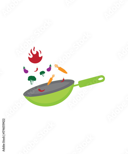 Vector pan with a vegetables logo design concept illustration idea, vegetables fried cooking logo,  restaurant logo of vegetables flying out of frying pan