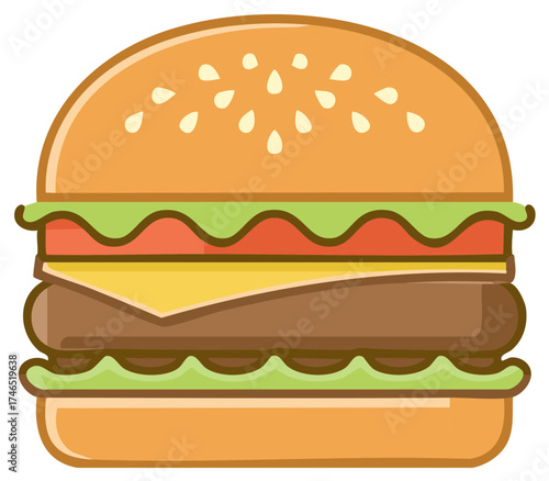 Illustration of a tasty burger with a juicy patty, cheese, tomato, lettuce and sesame seed bun