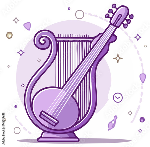 Purple Lyre Musical Instrument with Abstract Shapes and Stars