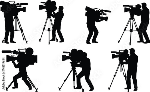 Cameraman silhouettes, video recording, film production, cinematography, tripod camera operation, media industry, filmmaking process, broadcast work, creative profession, workplace illustration