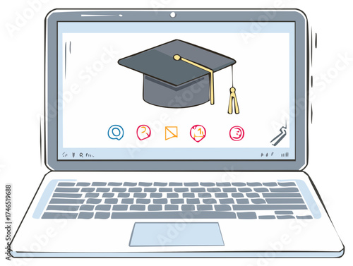 Academic success with graduation cap illustration on a laptop computer screen for e-learning