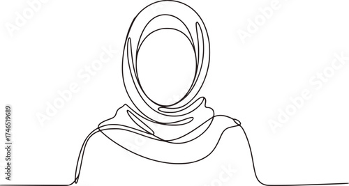 Minimalist continuous line drawing of a woman wearing a hijab vector