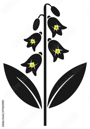 Graphic black and yellow bellflower plant illustration with blooming flowers and leaves a simple botanical design