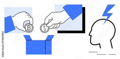 Hands placing dollar and Bitcoin coins into a box, head with lightning bolt representing ideas, innovation, collaboration, finance, savings, cryptocurrency, investments, creativity and a simple flat