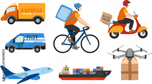 Delivery transport set with courier, van, truck, airplane, cargo ship and drone with parcel. For apps, logistics banners, service flyers and web use