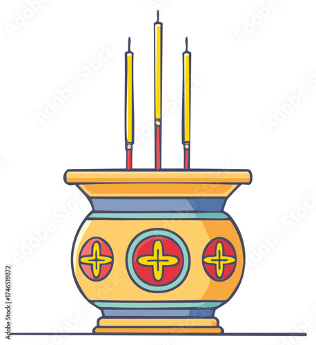 Traditional Incense Burner With Three Tall Candles and Decorative Symbols