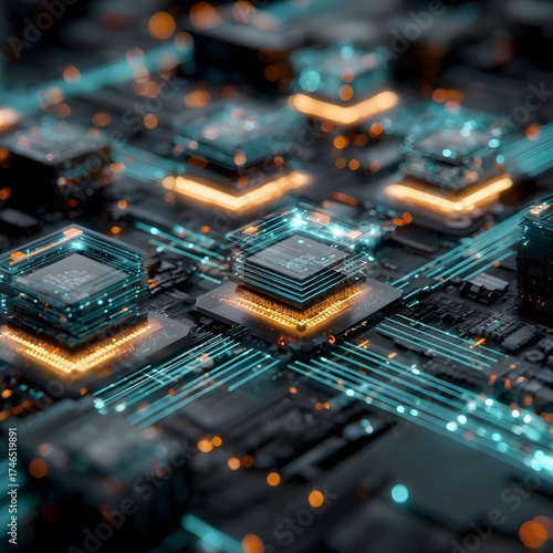 Digital finance ecosystem blockchain data blocks and glowing circuit network, high-tech style, dark background with neon accents,