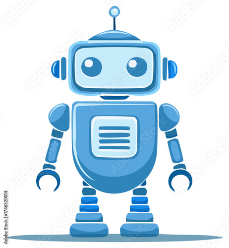 Cheerful Blue Cartoon Robot Character Standing Upright with Antenna and Claw Hands