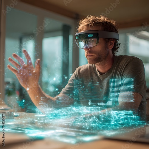 Man using AR glasses, gesturing at virtual 3D data visualization, futuristic office space, soft ambient light