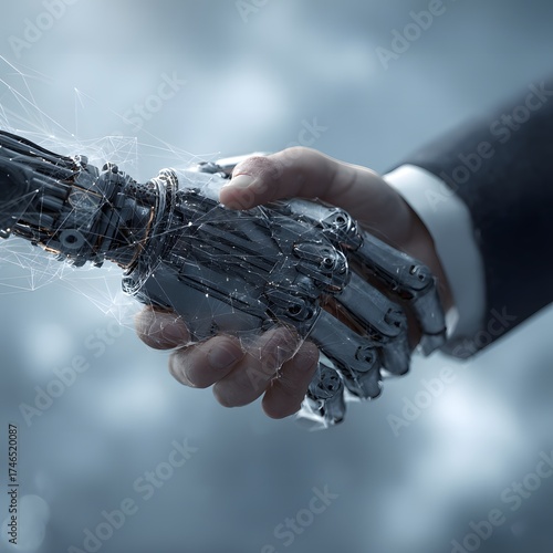 Professional handshake between engineer and robotic arm, abstract network visualization in background