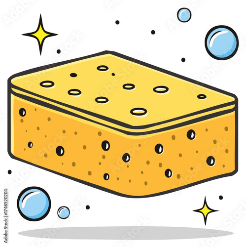 Yellow sponge illustration with bubbles, stars, cartoon style, cleanliness and hygiene concept.
