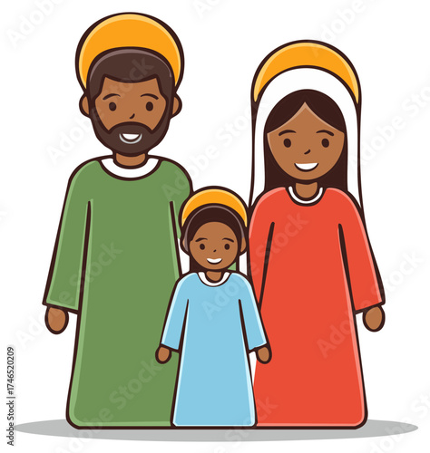 Black Holy Family cartoon illustration for Christmas religious celebration