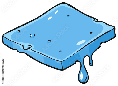 Cartoon-Style Blue Ice Block Melting with Dripping Water Drops, Refreshing Elements